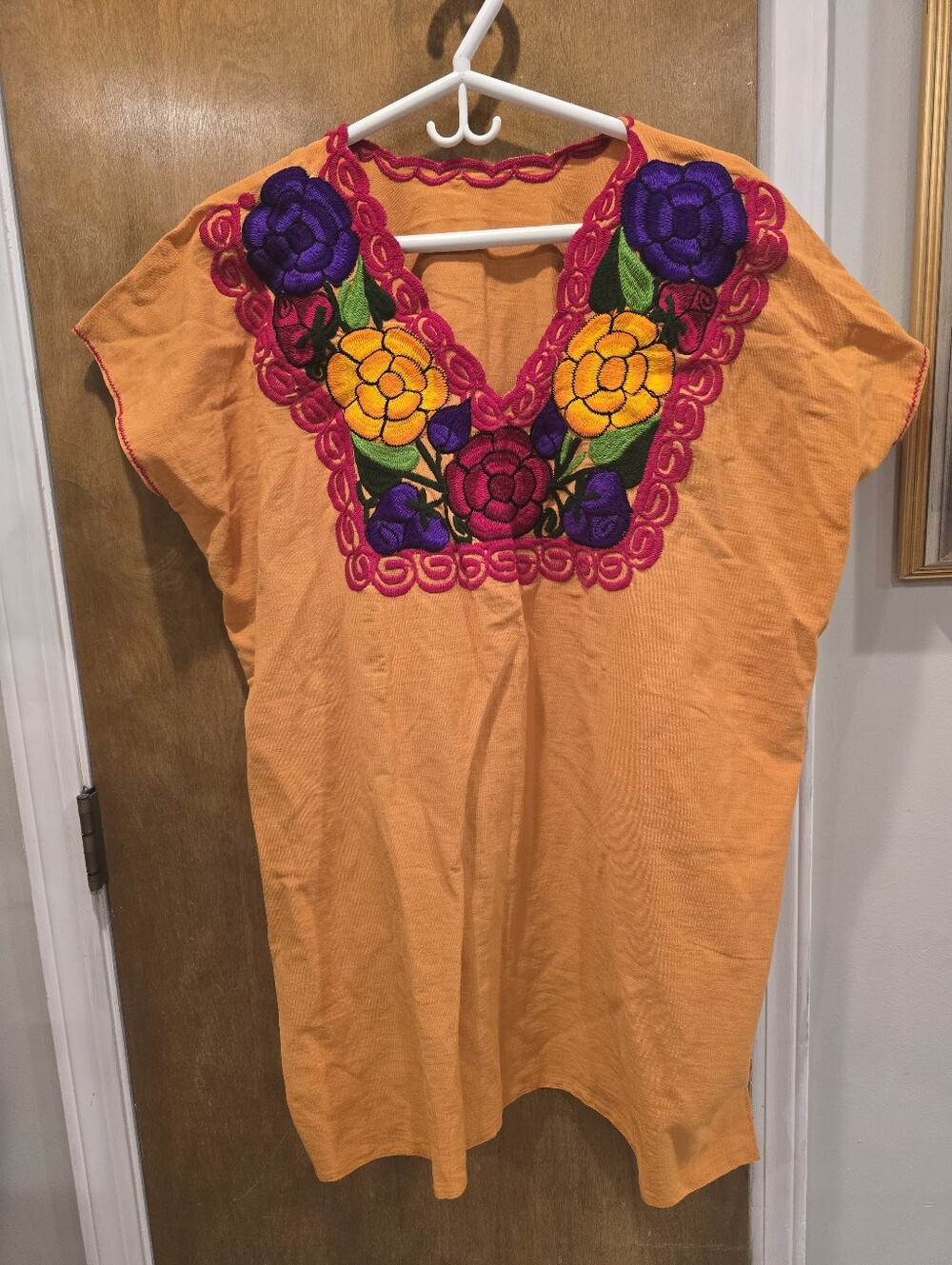 Mexican Huipil Machine Embroidered Orange Boxy Top Hand Made Large